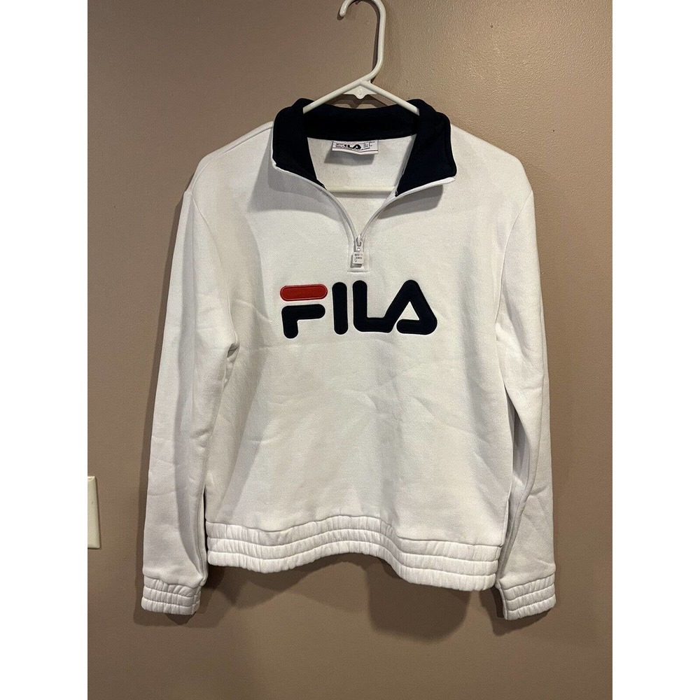 Fila White Pullover Quarter Zip Jacket Womens Sweatshirt Logo Collar VGC Small